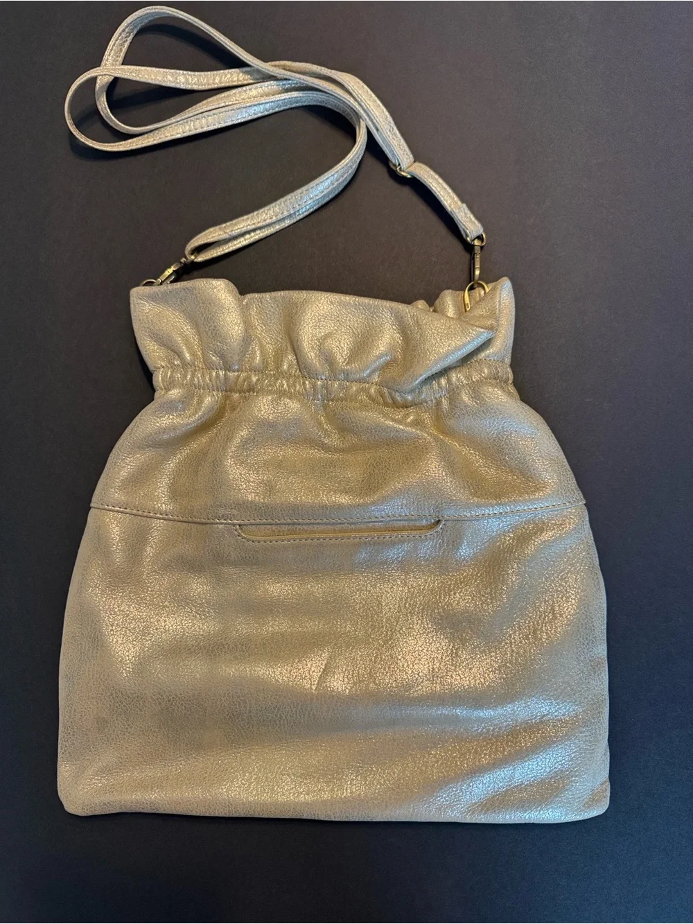 HOBO Metallic Gold Leather Drawstring Crossbody Bag + Dust Bag
